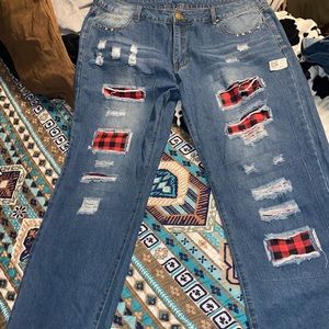 Buffalo plaid patch jeans